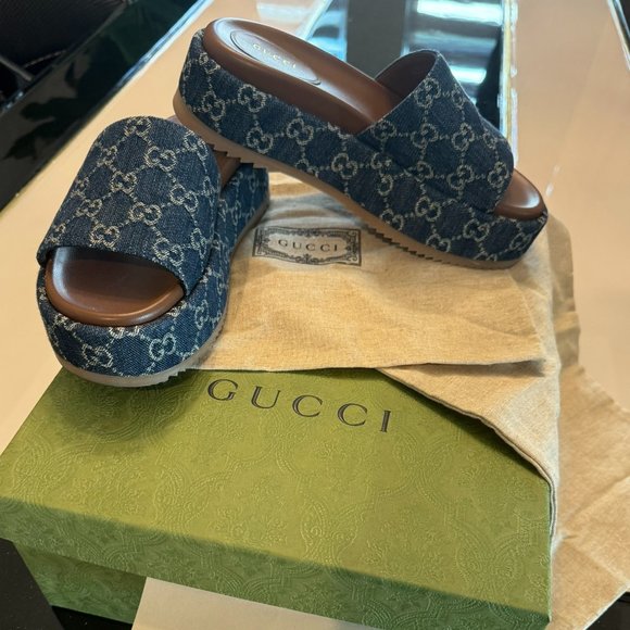 Gucci Angelina Platform Slide Sandals Denim GG Delave Blue Tea EU 38.5 US 8.5 - Picture 3 of 5